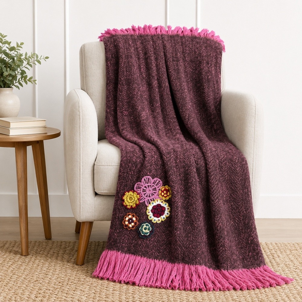 Artistic Accents Throw Blanket Wool Blend Cozy Floral Corchet Detal Fringe Soft